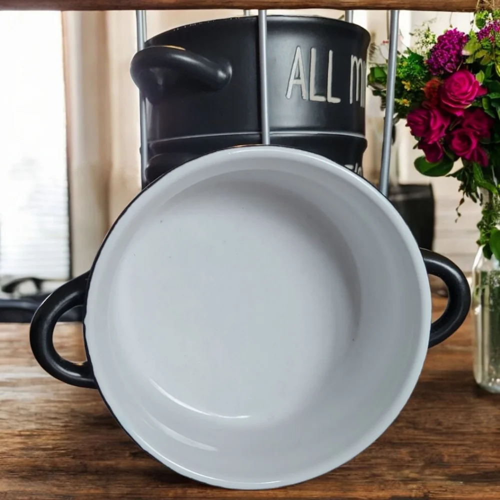 Vtg Boston Warehouse 4 Handled Black Souper Bowls White Script With Metal Rack